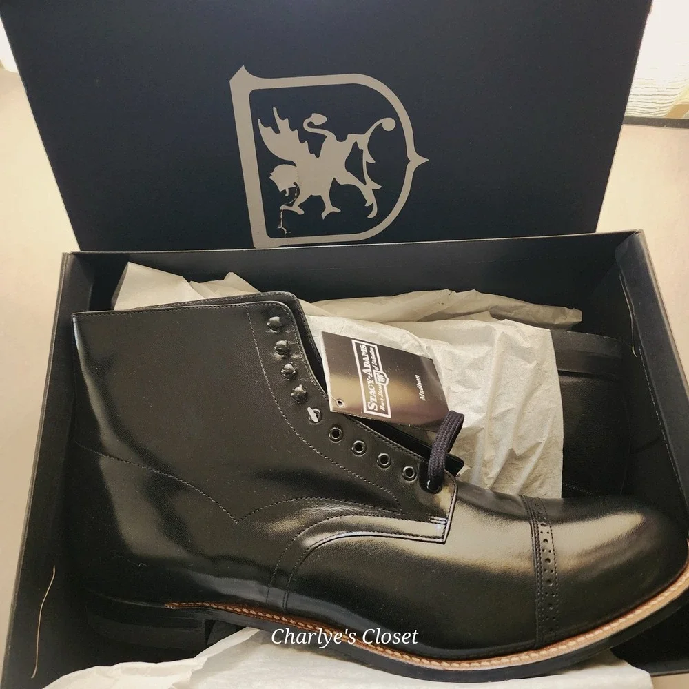 Stacy Adams Madison 15D NWB Blk Kidskin Leather Cap Toe Dress Boot Polished Chic